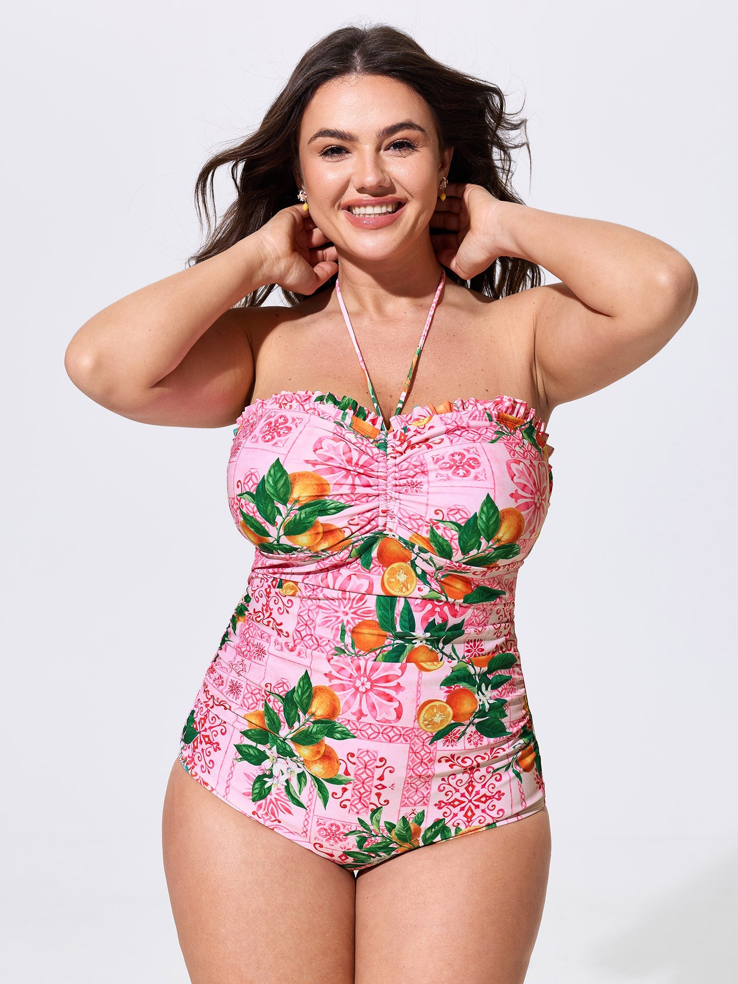 Citrus Tile Print Ruched One-Piece Swim