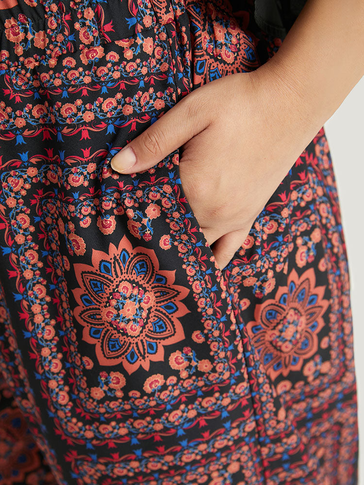 Scarf Print Pocket Elastic Waist Pants
