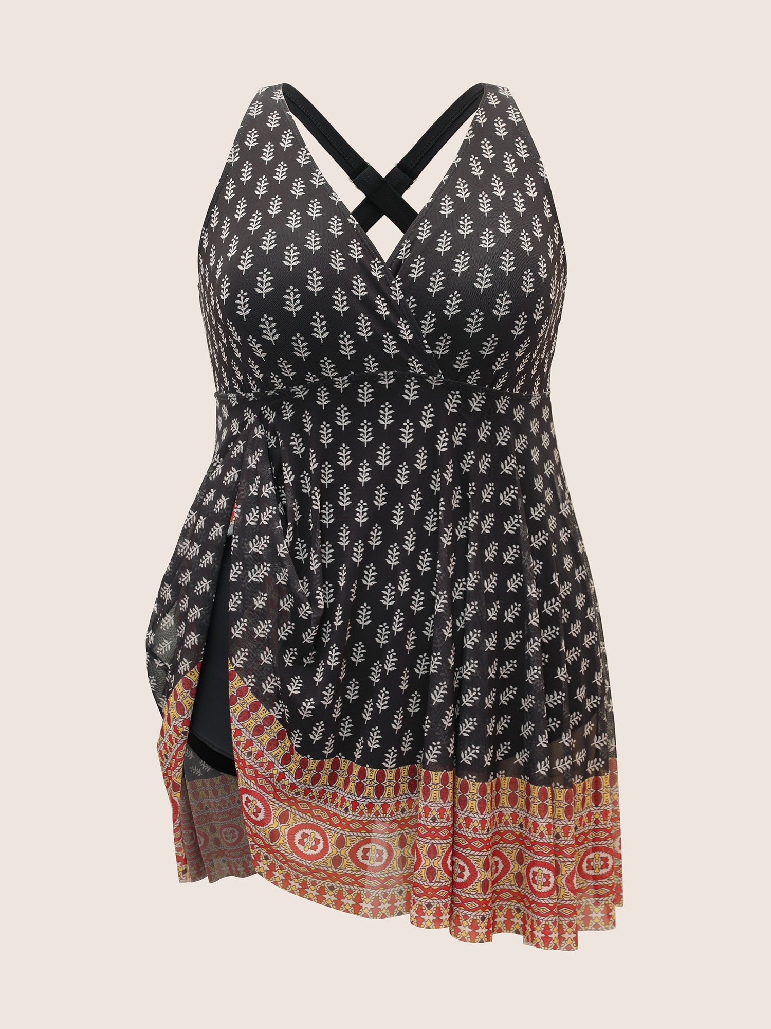 Overlap Collar Boho Print Patchwork Swim Dress