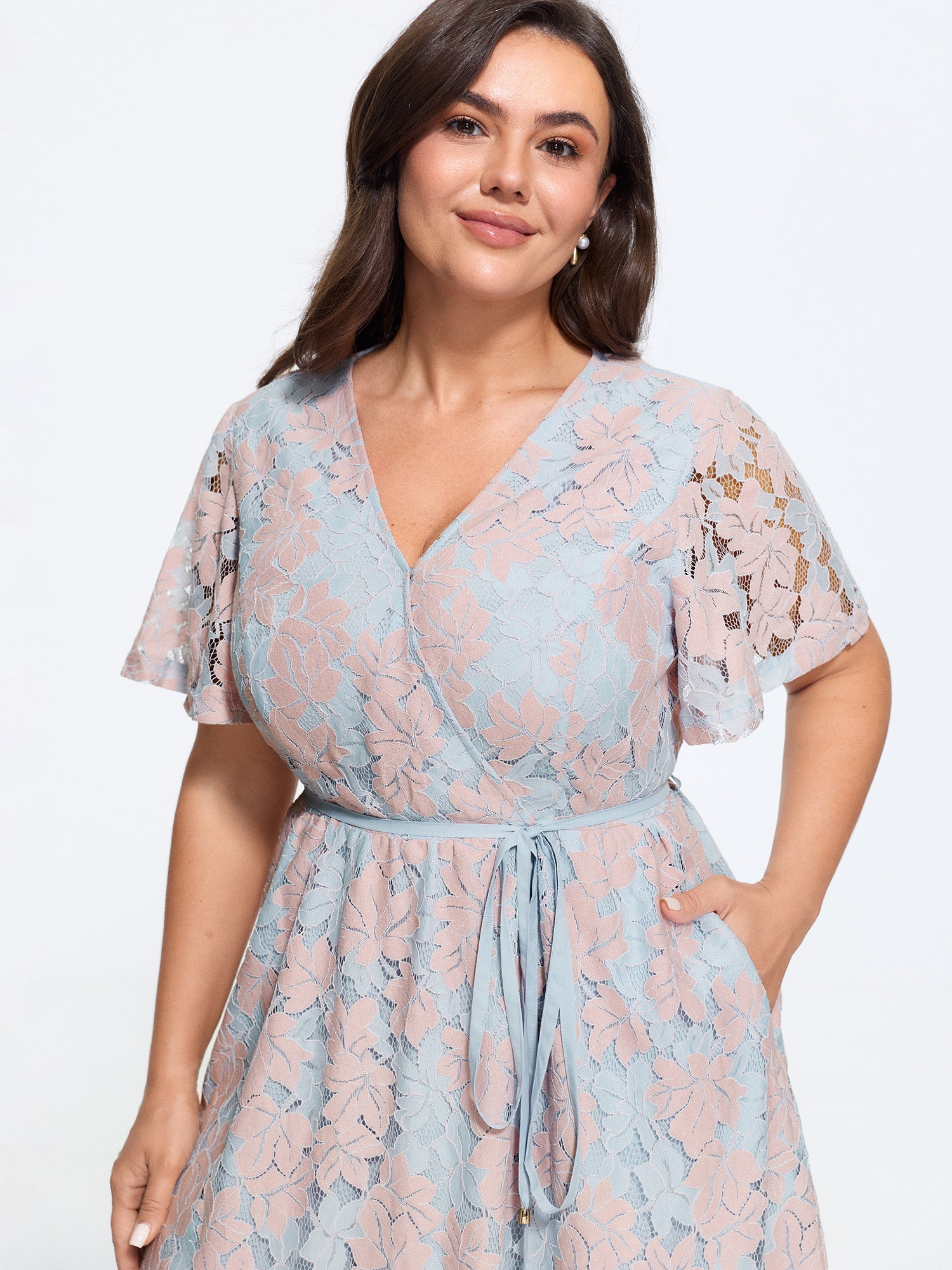 Crochet Lace Mesh Waist-Tie Midi Dress