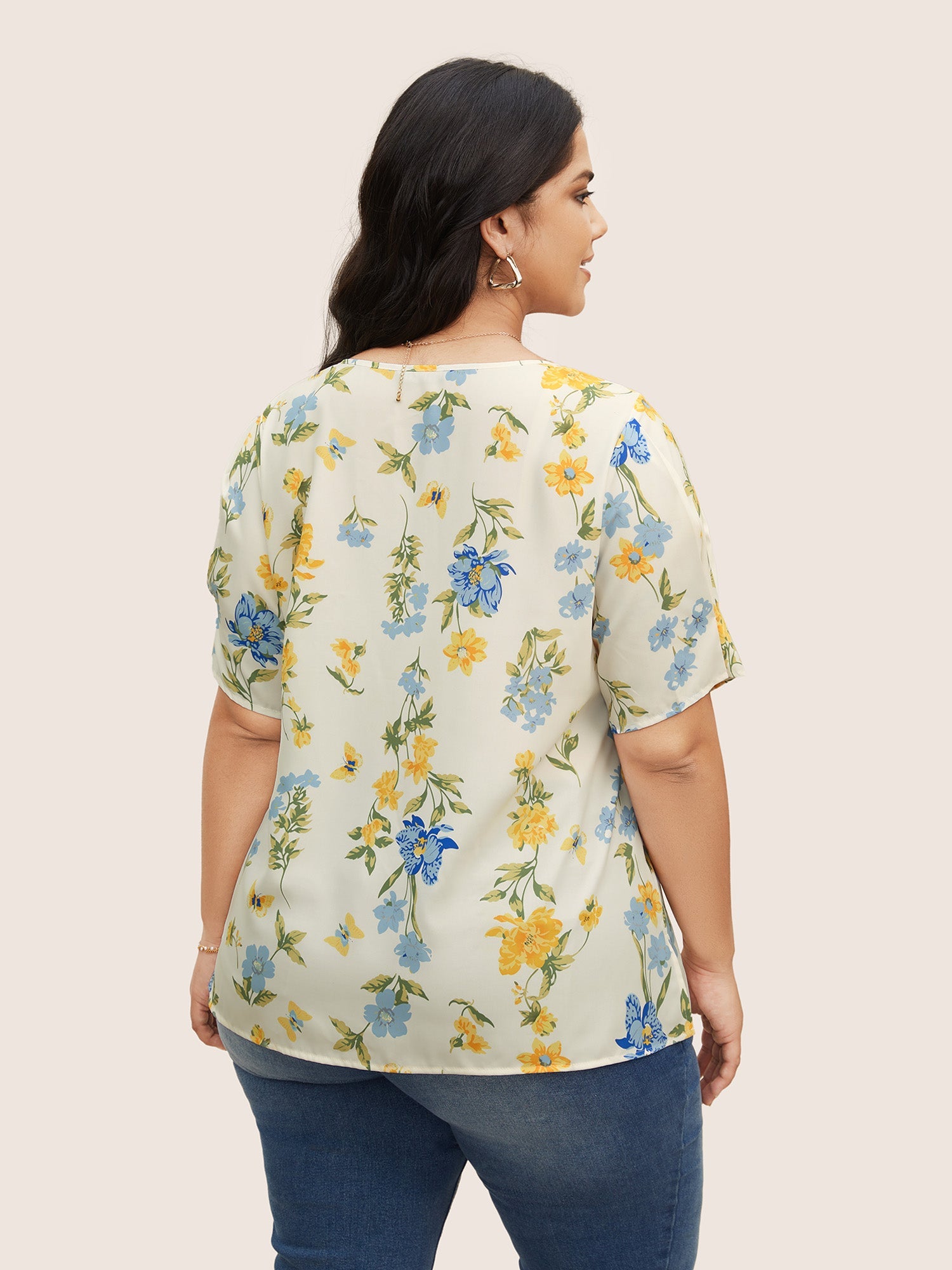 Floral & Butterfly V Neck Bishop Sleeve Blouse