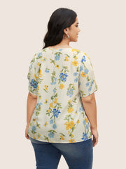 Floral & Butterfly V Neck Bishop Sleeve Blouse