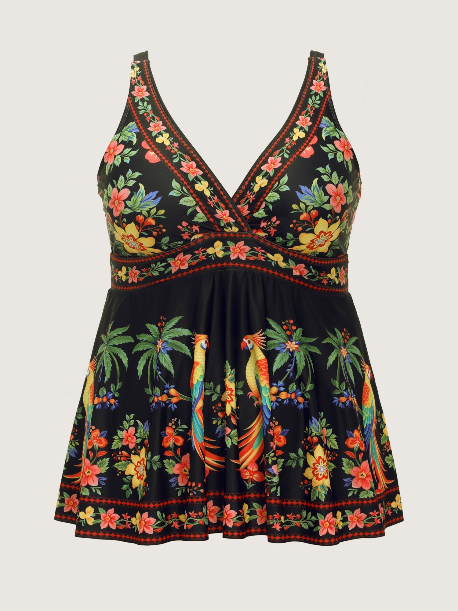 Tropical Floral Print V-Neck Swim Top