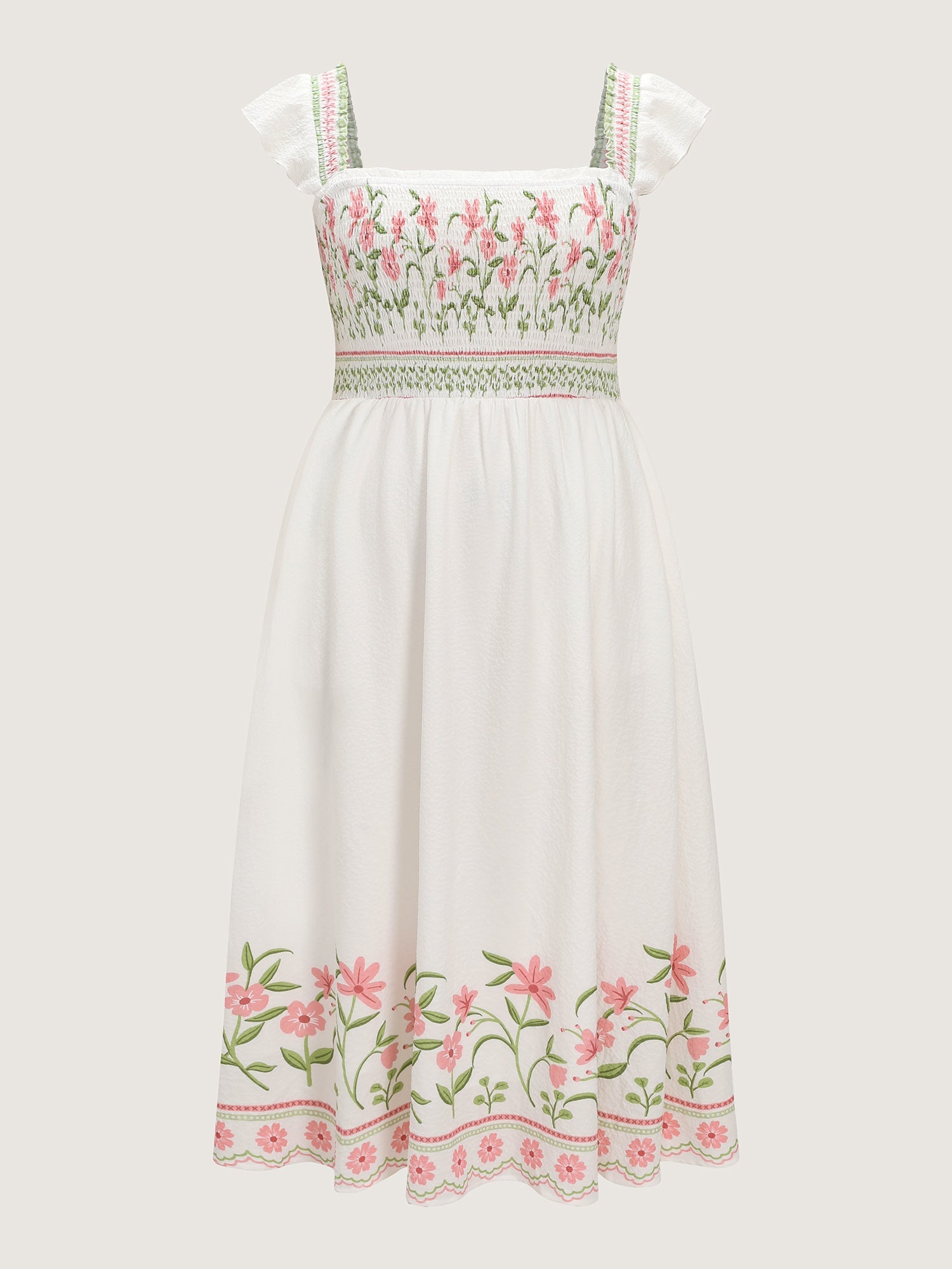 Floral Print Shirred Bodice Midi Dress