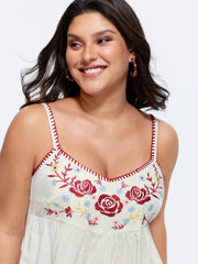 Floral Embroidered Neckline Babydoll Top
