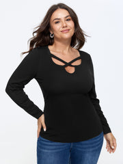 Cotton Solid Crisscross Cut Out Long Sleeve T-Shirt