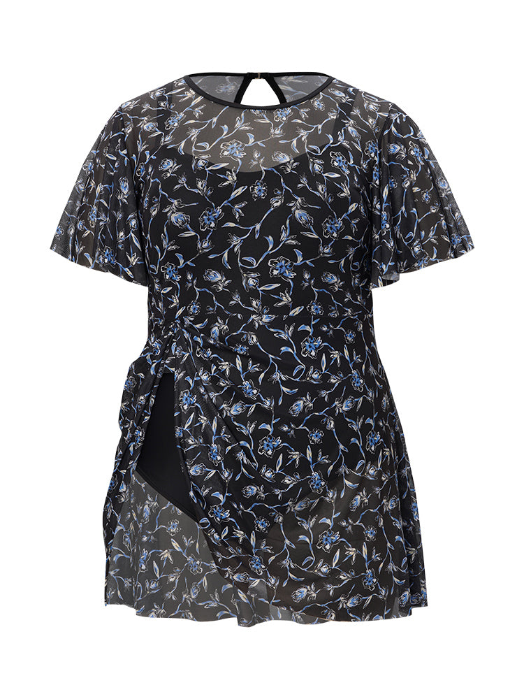 Ditsy Floral Ruffle Sleeve Cut Out Swim Dress