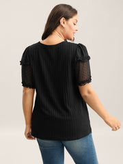 Textured Pit Strip Layered Sleeve Sheer T-Shirt