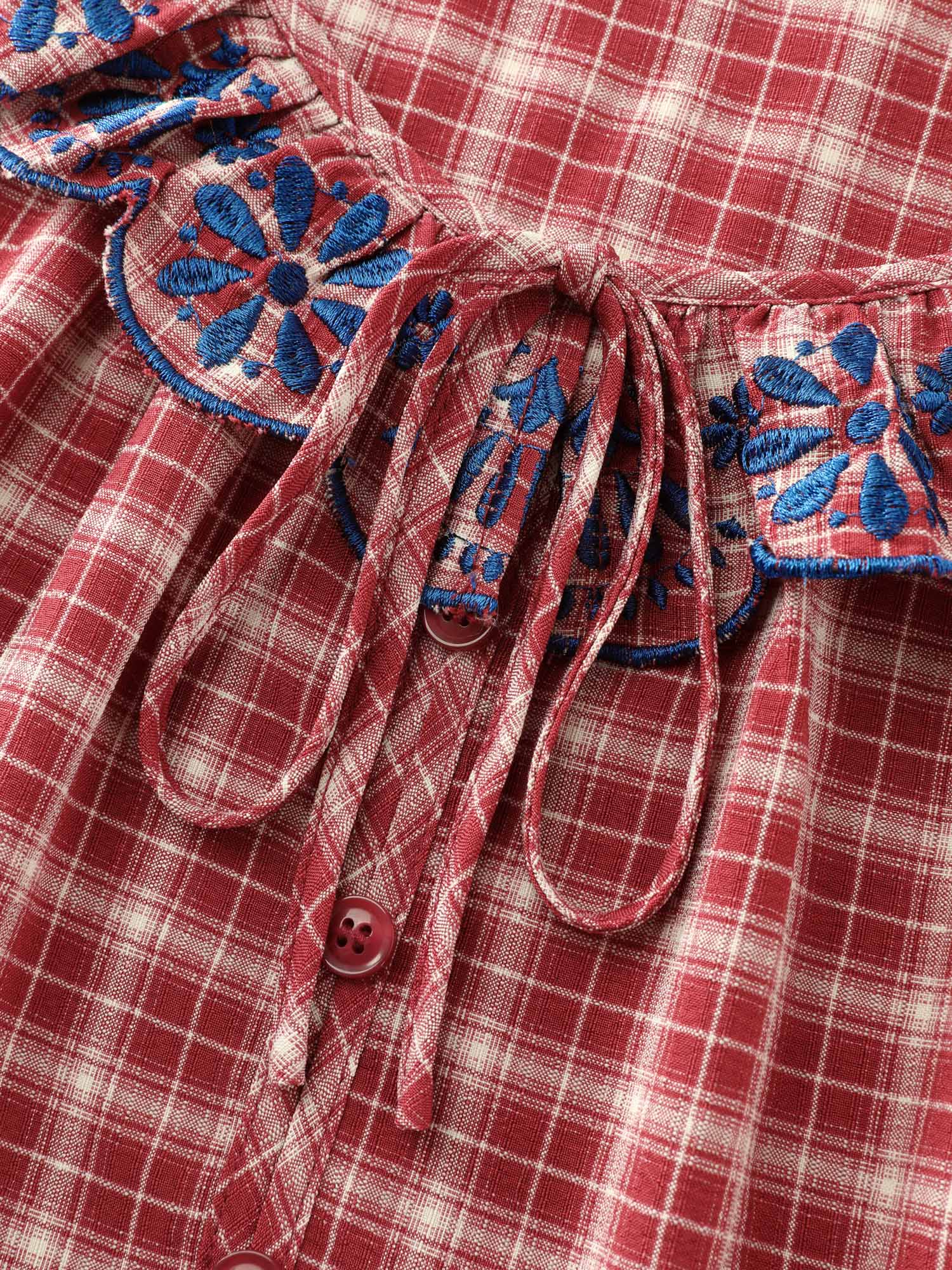 Gingham Print Embroidered Neckline Flowy Nightgown