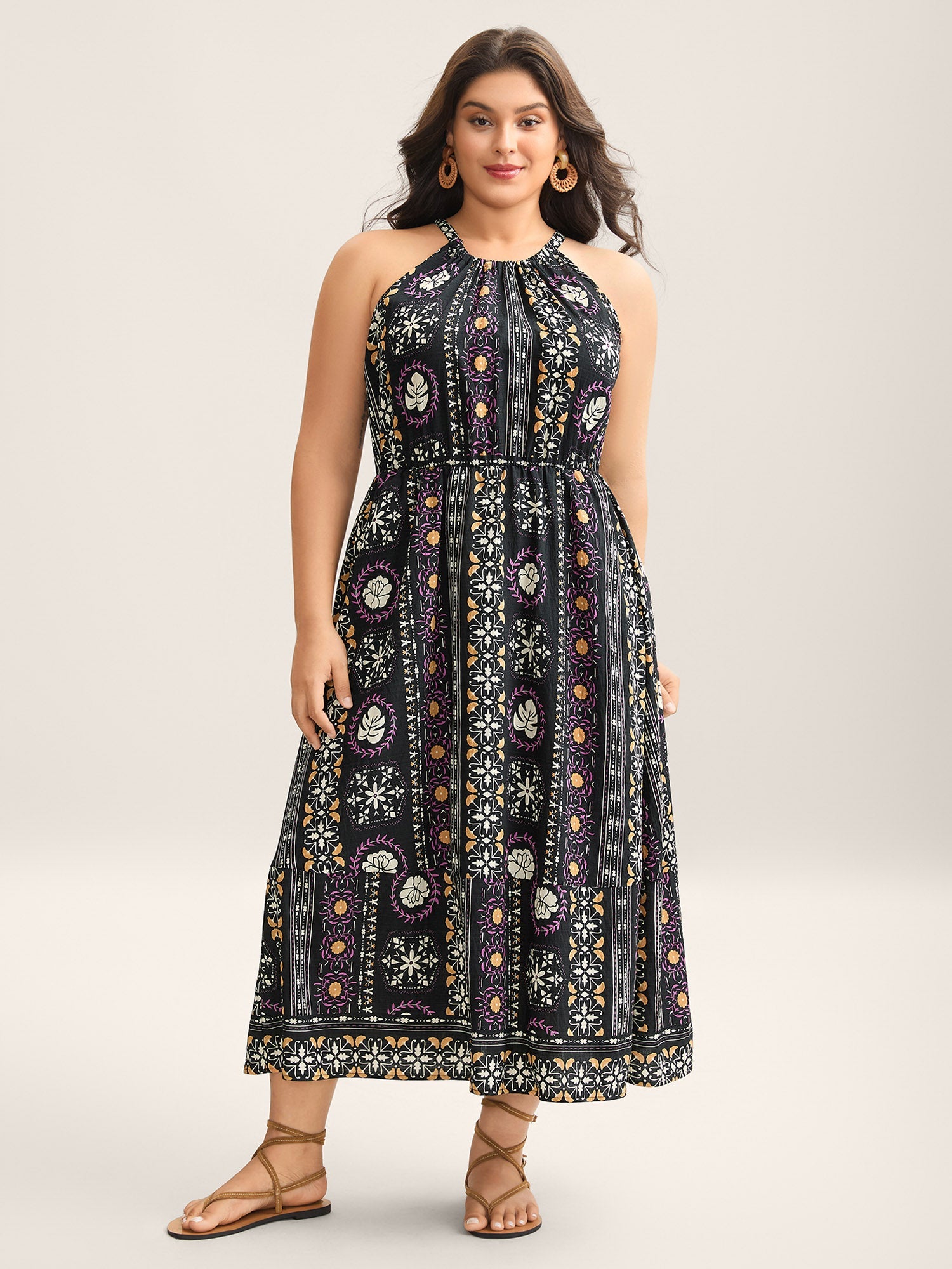Rayon Tropical Boho Print Stretchy Midi Dress