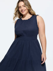 Cotton Sleeveless Waist-Defining Midi Dress