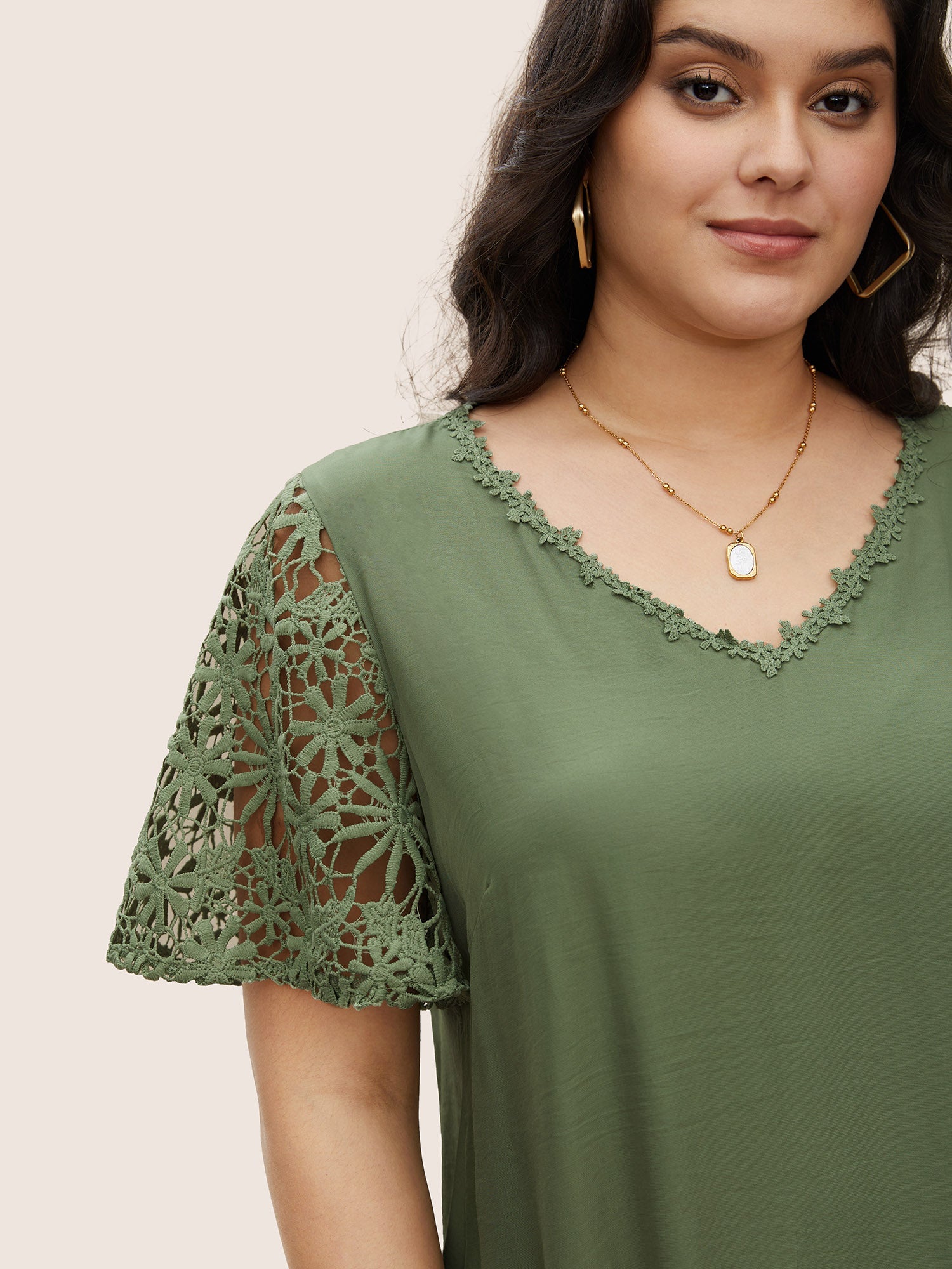 Plain V Neck Floral Patchwork Blouse