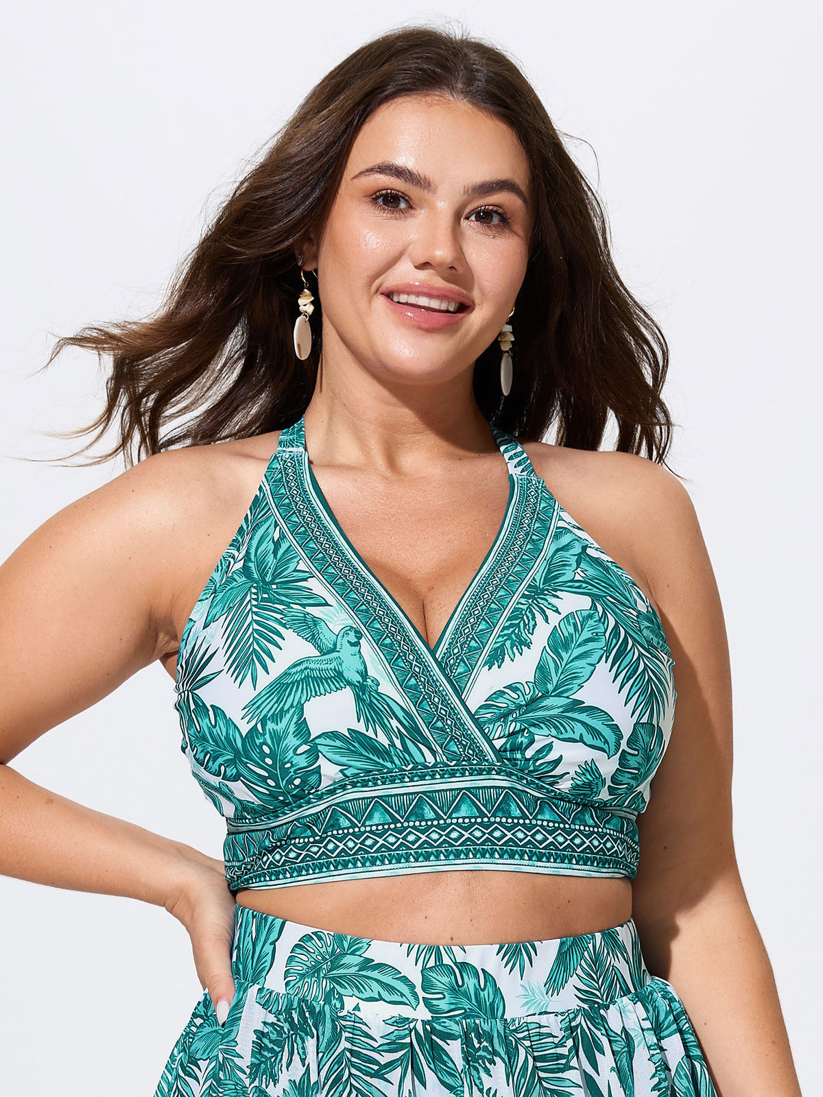 Tropical Print Surplice Neckline Swim Top