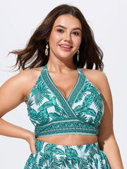 Tropical Print Surplice Neckline Swim Top