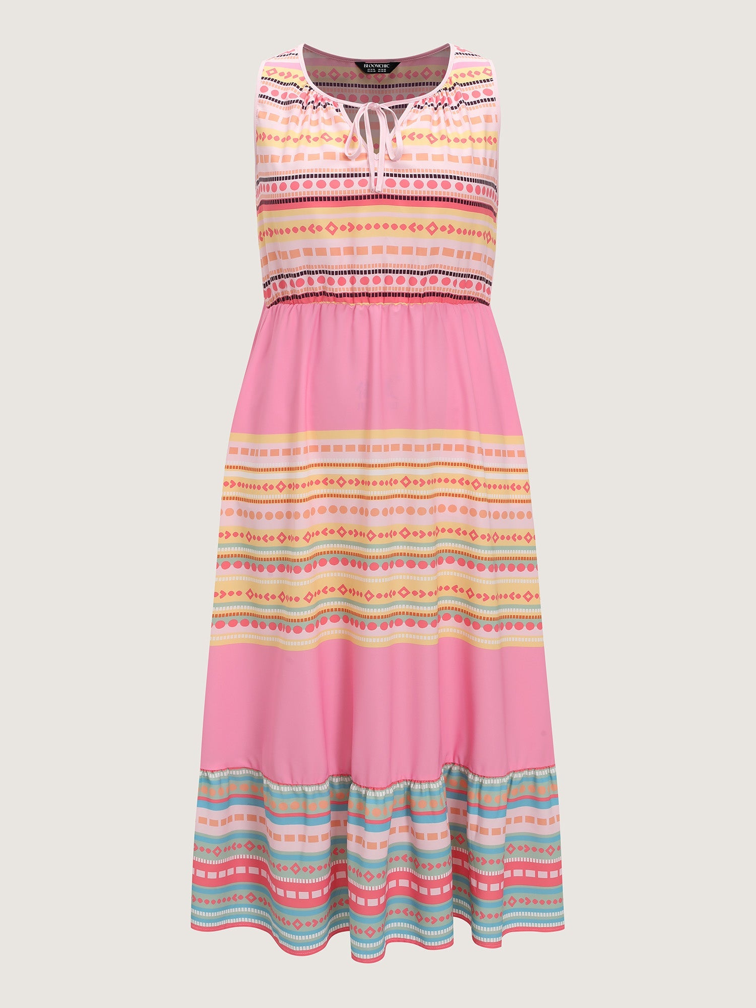 Colorful Striped Print Drawstring Neckline Maxi Dress