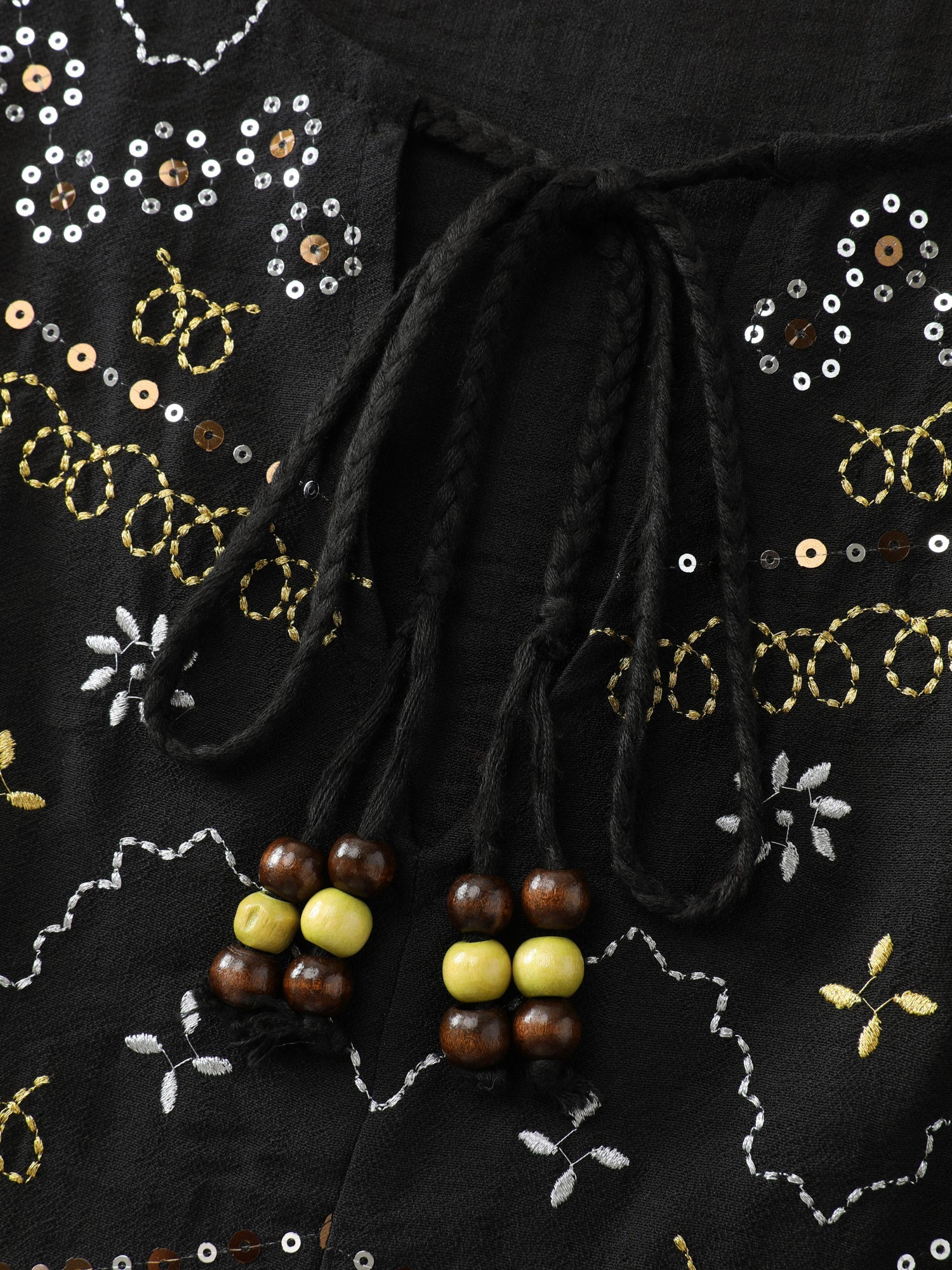 Sequin Embroidery Tassel Tie Blouse