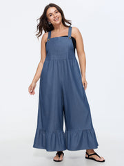 Overall Straps Ruffled Hem Pockets  Faux Denim Jumpsuit