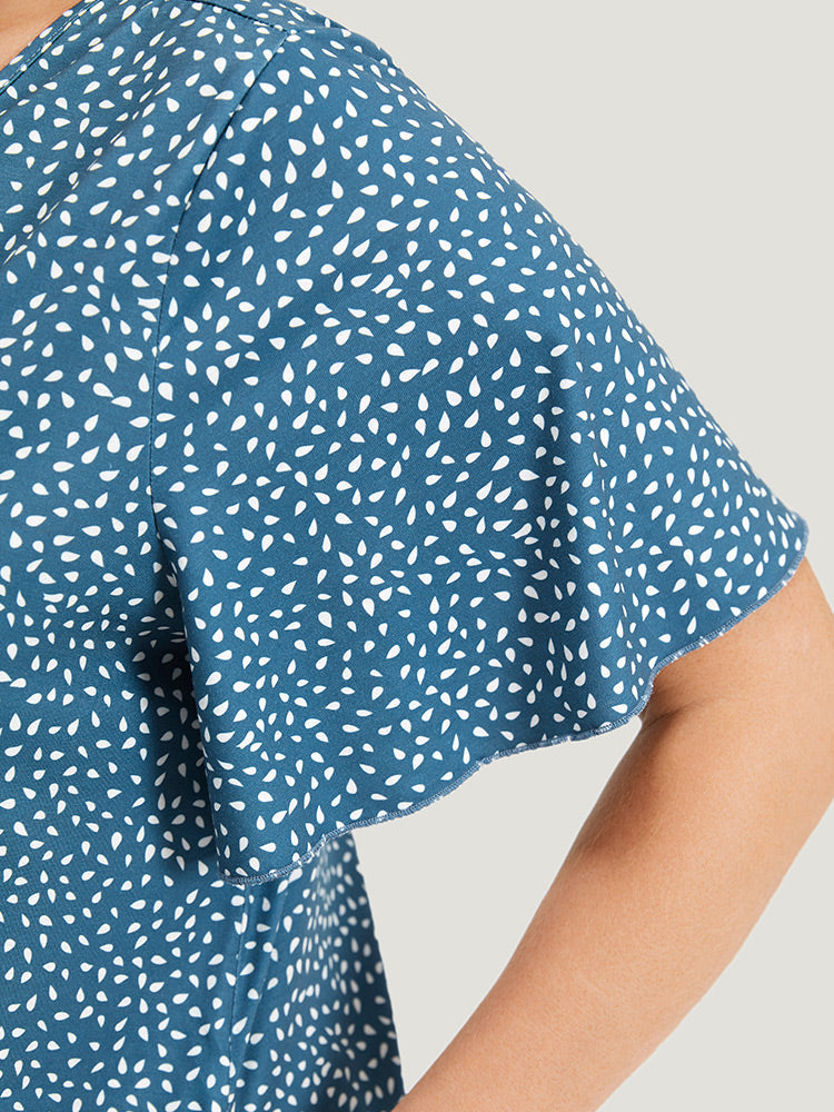 Water Drop Print Button Detail Ruffled Dress