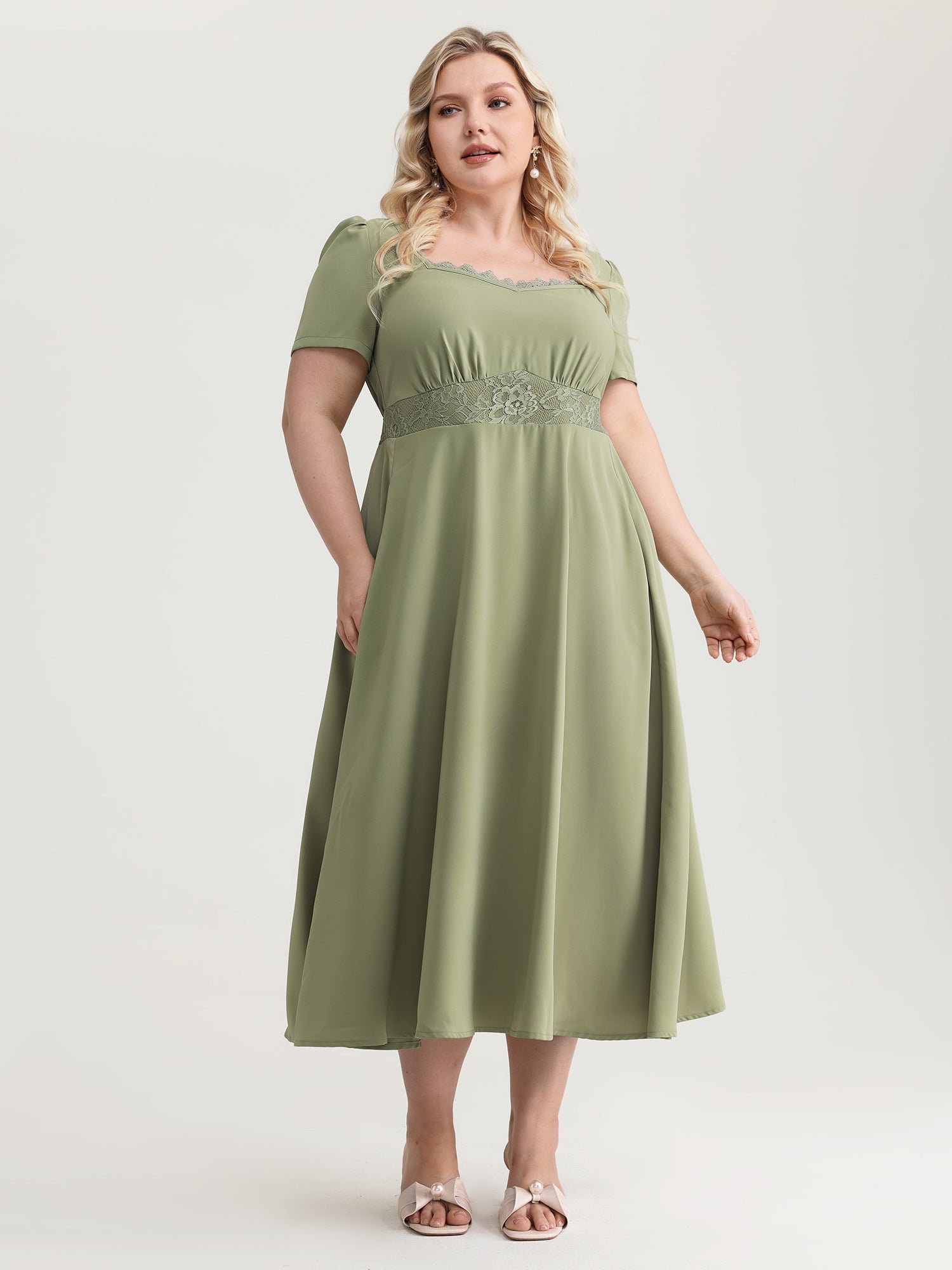 Satin Lace Neckline Cinched Waist Midi Dress