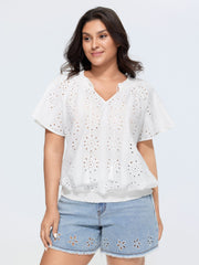 Eyelet Textured Shirred Hem Blouse