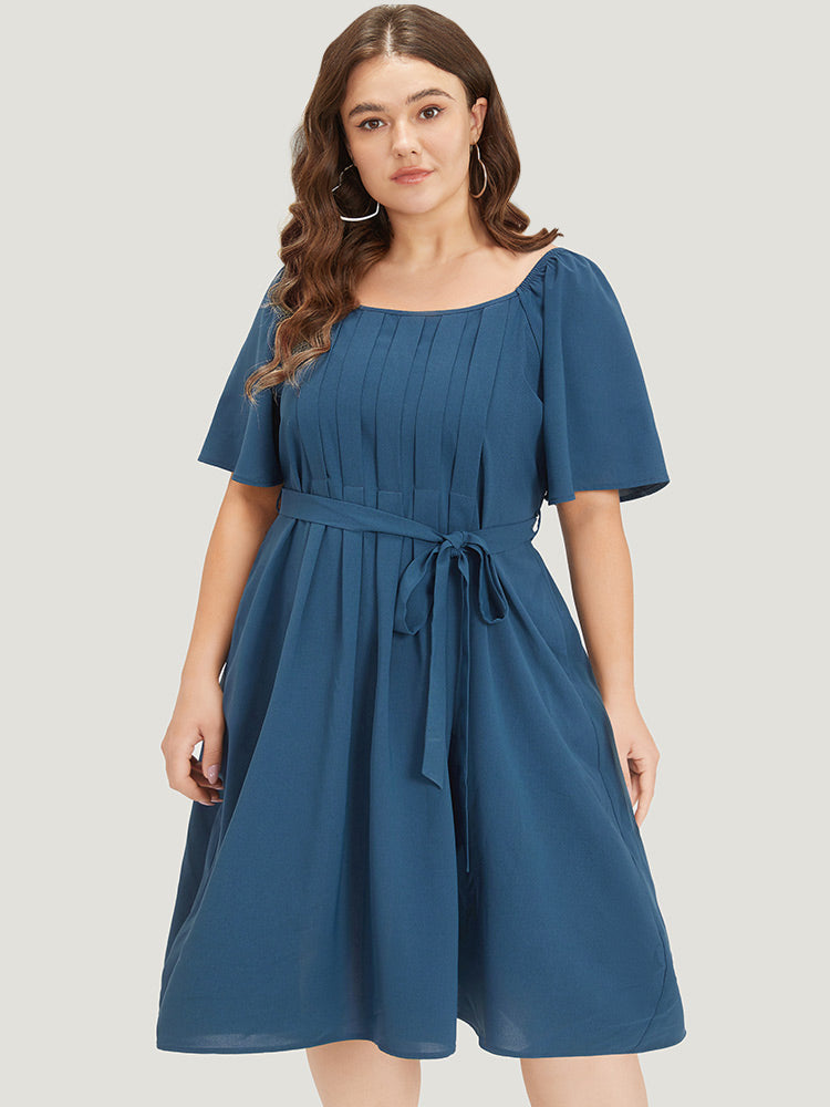 Plain Pocket Belted Pleated Raglan Sleeve Dress