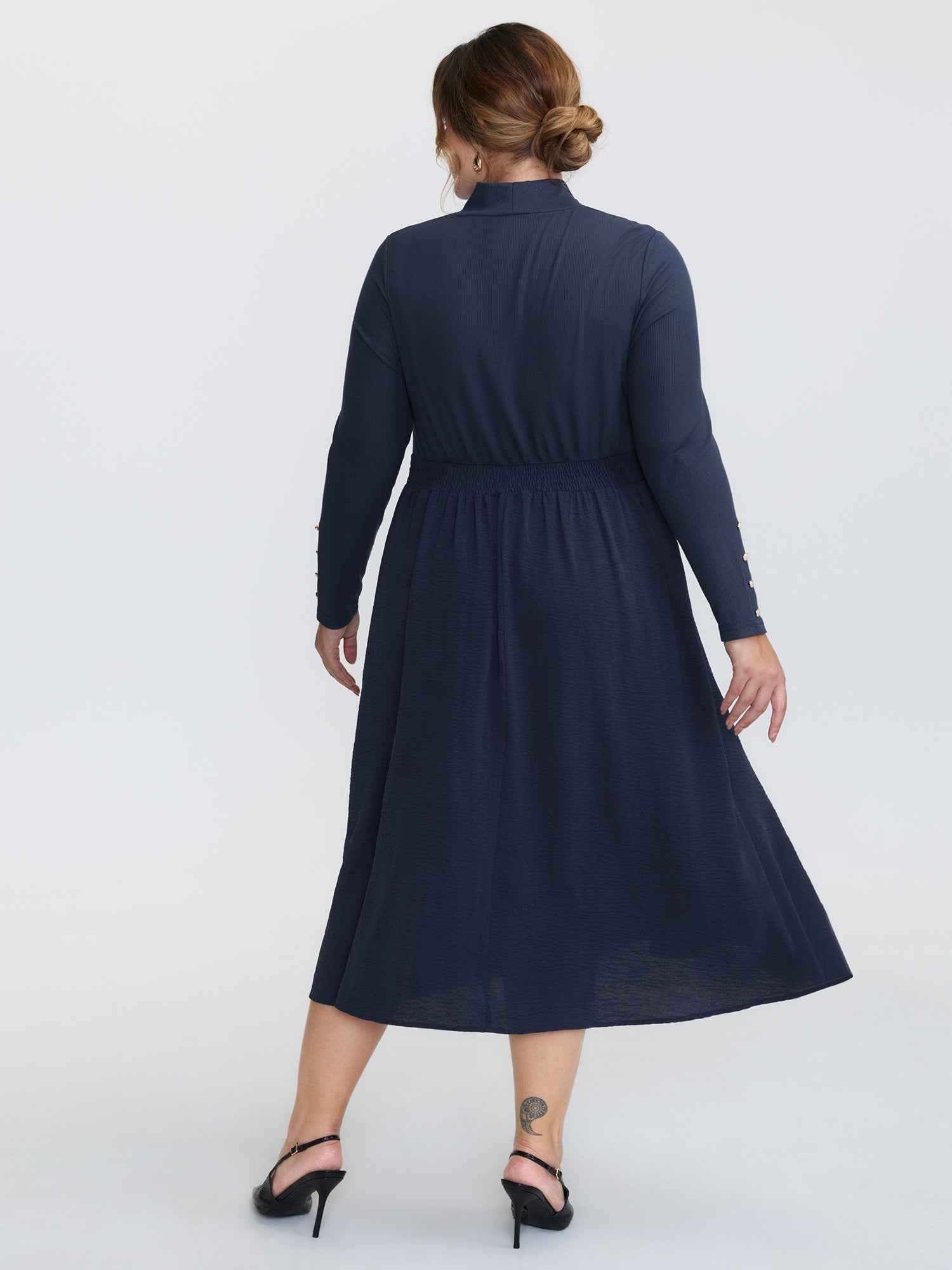 Mock Neck Waist-Defining Button Midi Dress