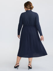 Mock Neck Waist-Defining Button Midi Dress