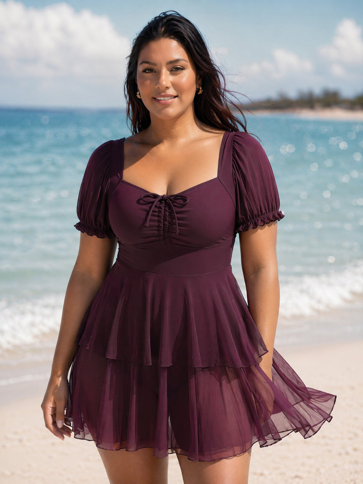 Sheer Ruched Bodice Tiered Swim Dress