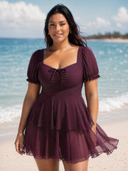 Sheer Ruched Bodice Tiered Swim Dress