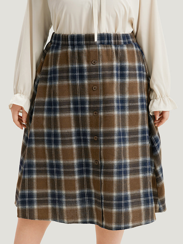 Plaid Button Detail Elastic Waist Woven Skirt
