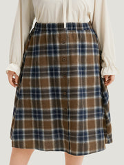 Plaid Button Detail Elastic Waist Woven Skirt