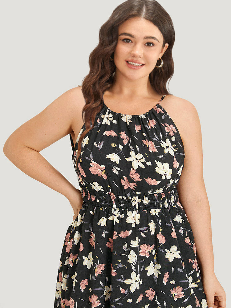Floral Print Halter Shirred Pocket Ruffle Hem Dress