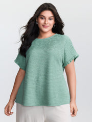 Textured Ruffled Sleeve Detail Plain T-Shirt