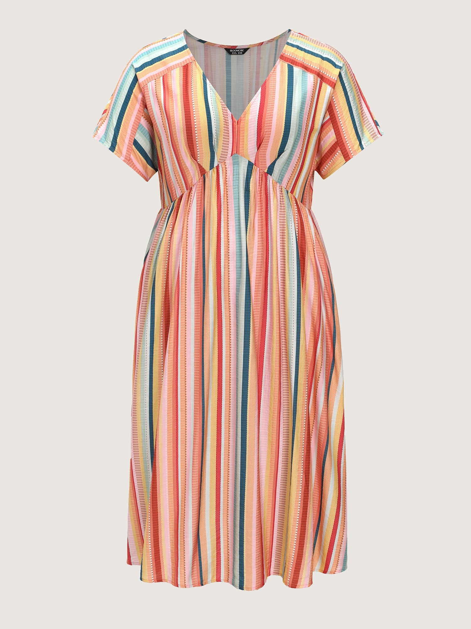 Colorful Striped Print V-Neck Midi Dress
