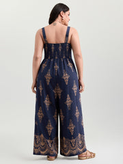 Geometric Print Waist-Defining Shirred Jumpsuit
