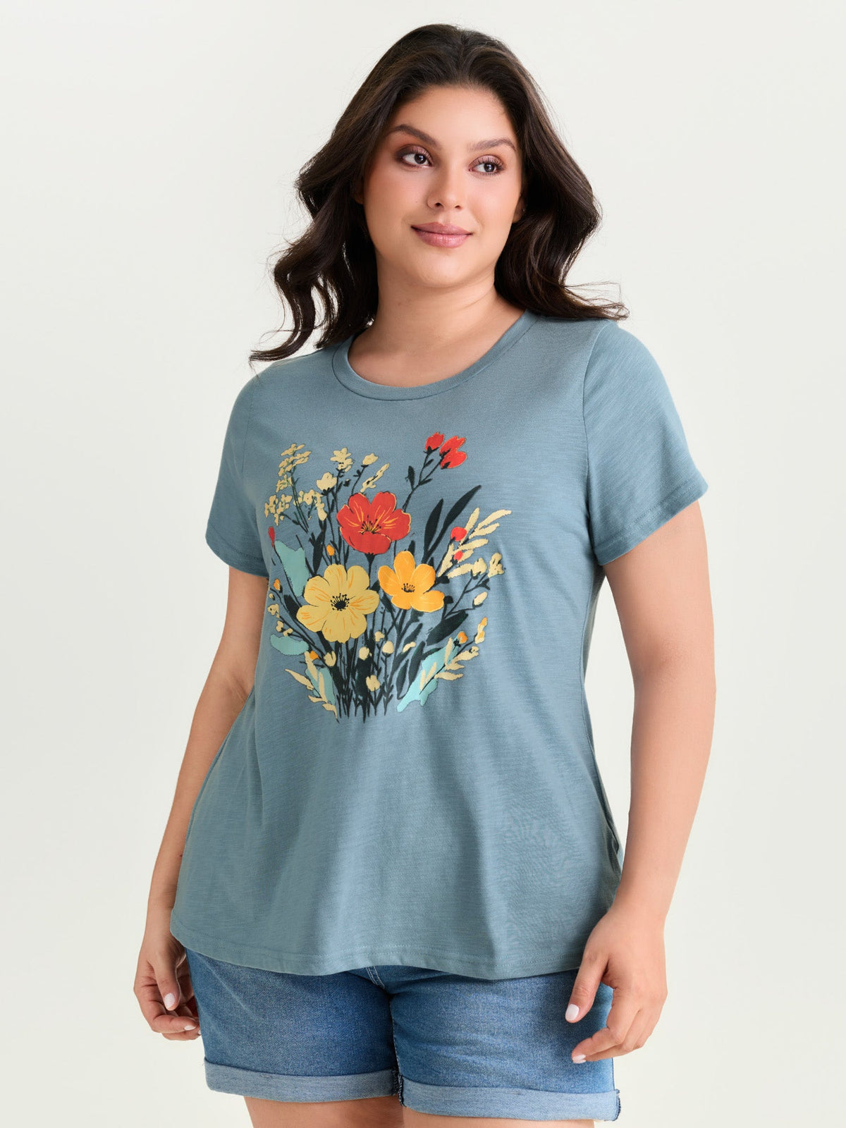 Floral Print Round Neck Textured T-Shirt