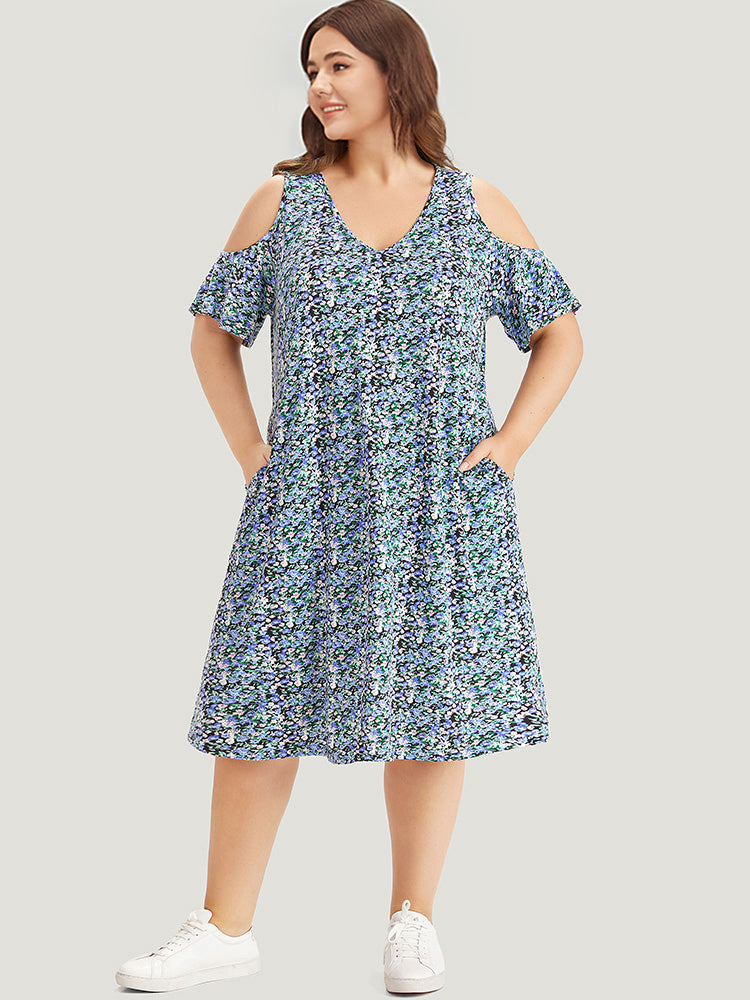 Ditsy Floral Pocket Cold Shoulder Dress