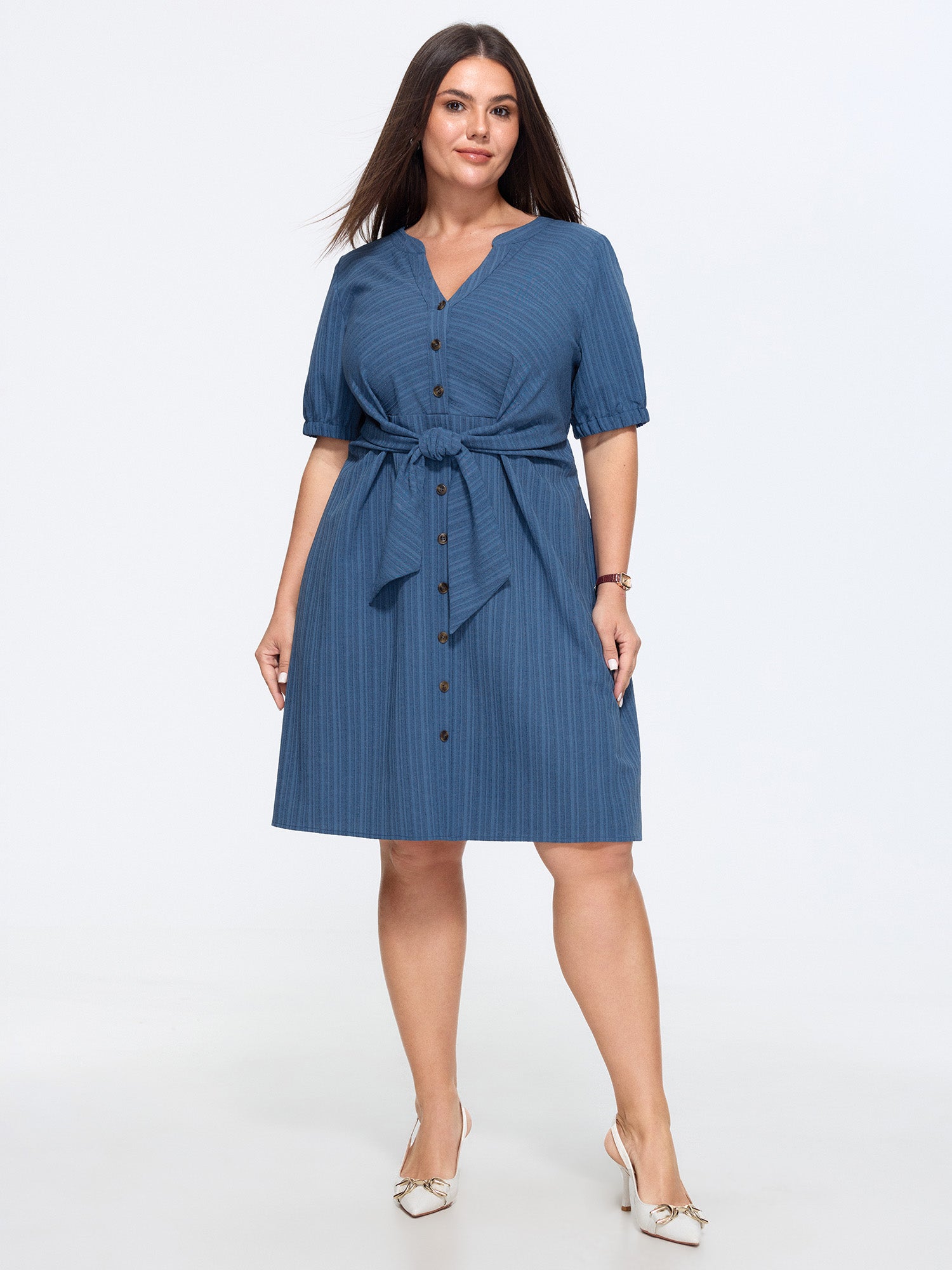 Knotted Front Textured Button Mini Dress