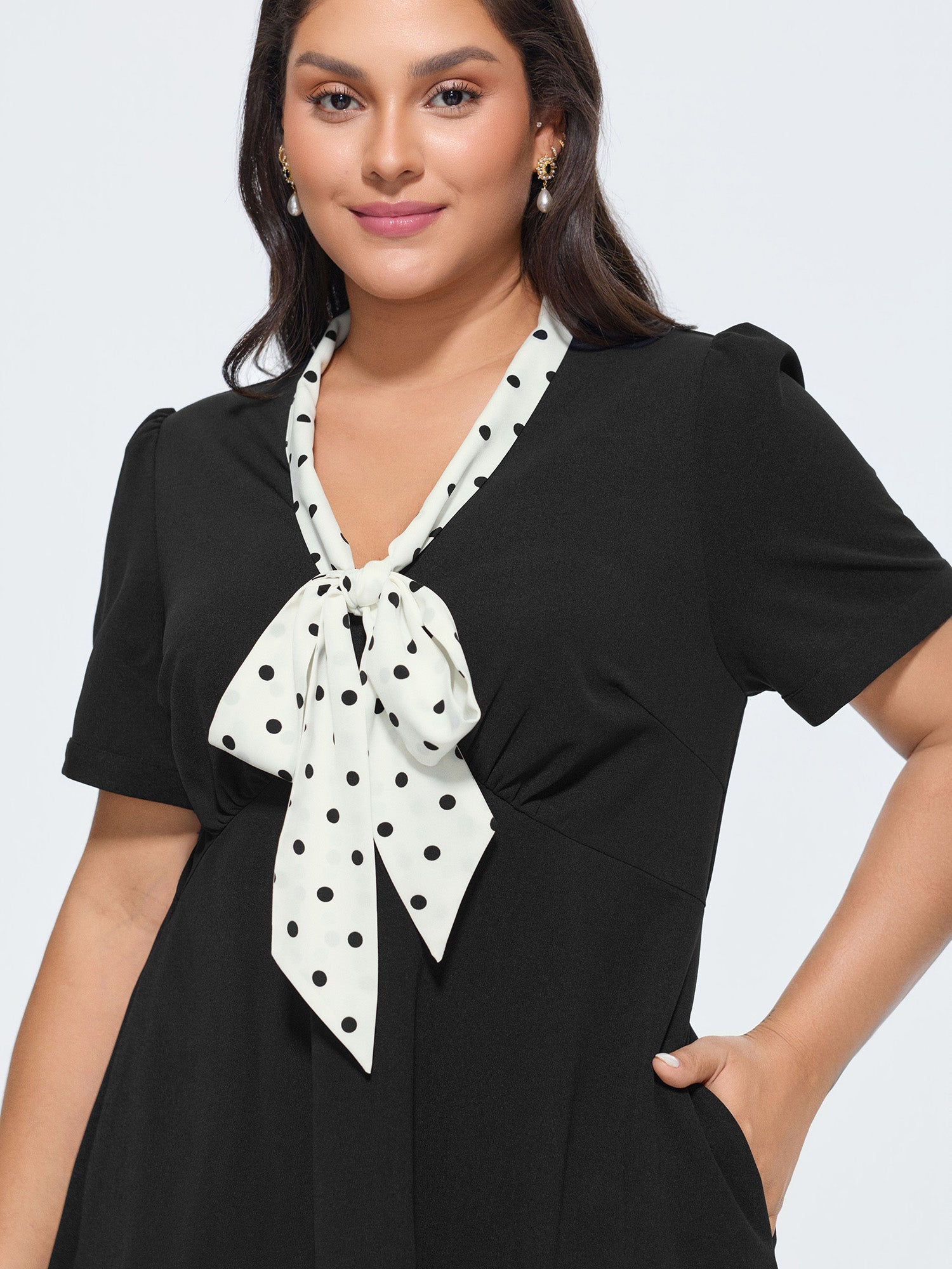 Polka Dots Print Ribbon Neckline Mini Dress