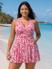 Floral Paisley Print Back Cut-Out Swim Dress