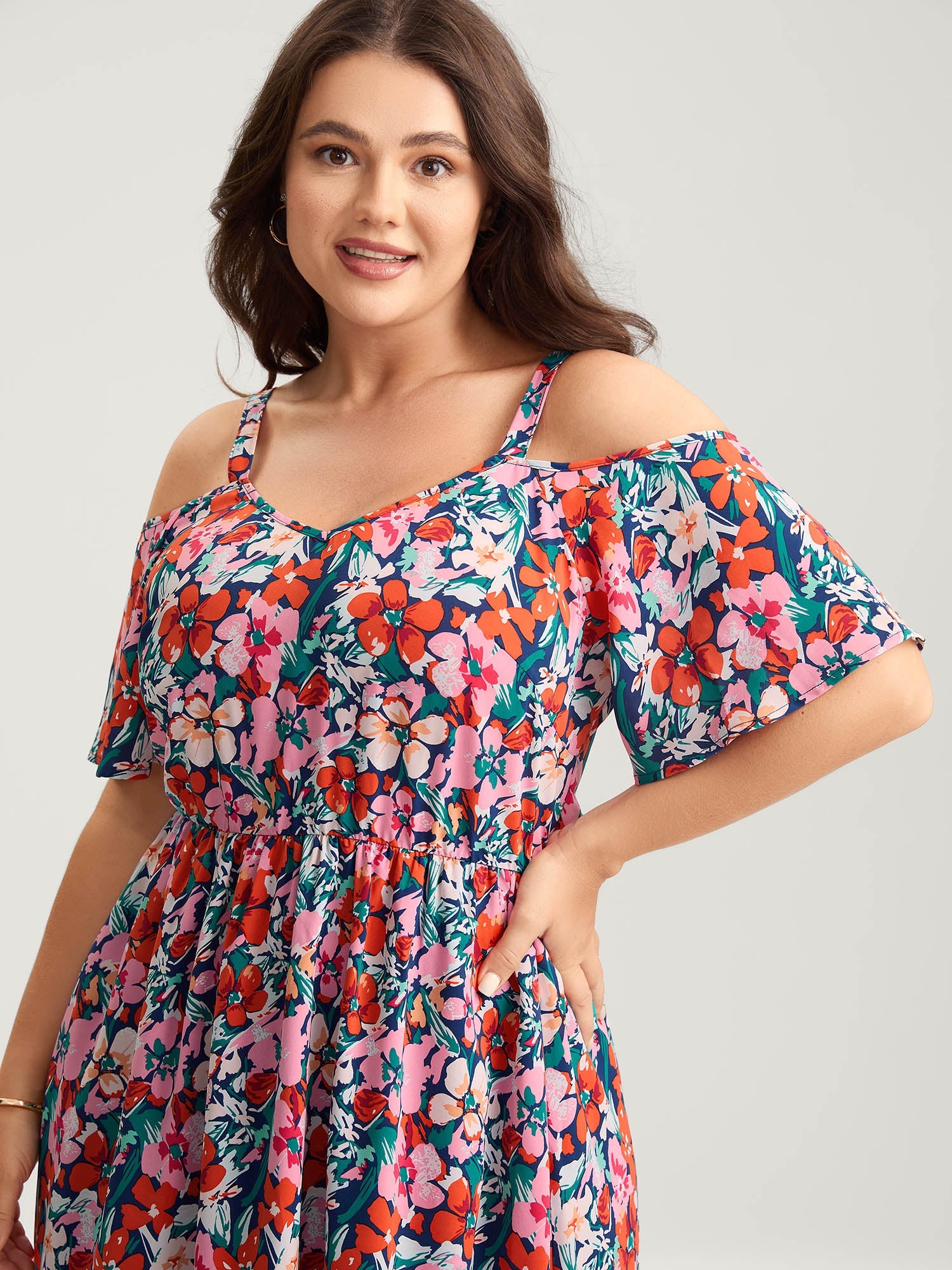 Floral Print Off-Shoulder Pockets Midi Dress