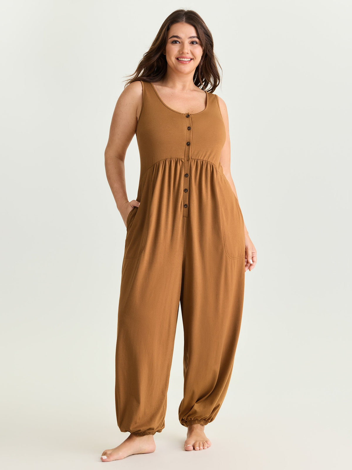 Supersoft Buttons Pleated Cuffed Hem Lounge Jumpsuit