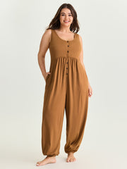 Supersoft Buttons Pleated Cuffed Hem Lounge Jumpsuit