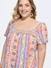 Supersoft Boho Floral Print Square Neck Blouse