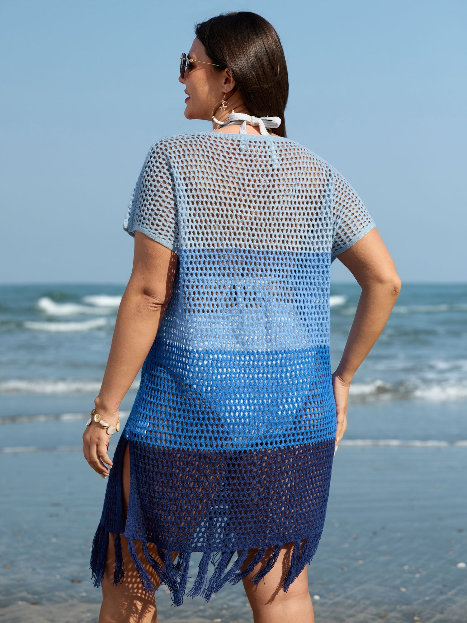 Crocheted Colorblock Fringe Hem Swim Cover-Up