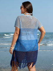 Crocheted Colorblock Fringe Hem Swim Cover-Up