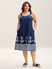 Nautical Print Sleeveless Buckle Midi Dress
