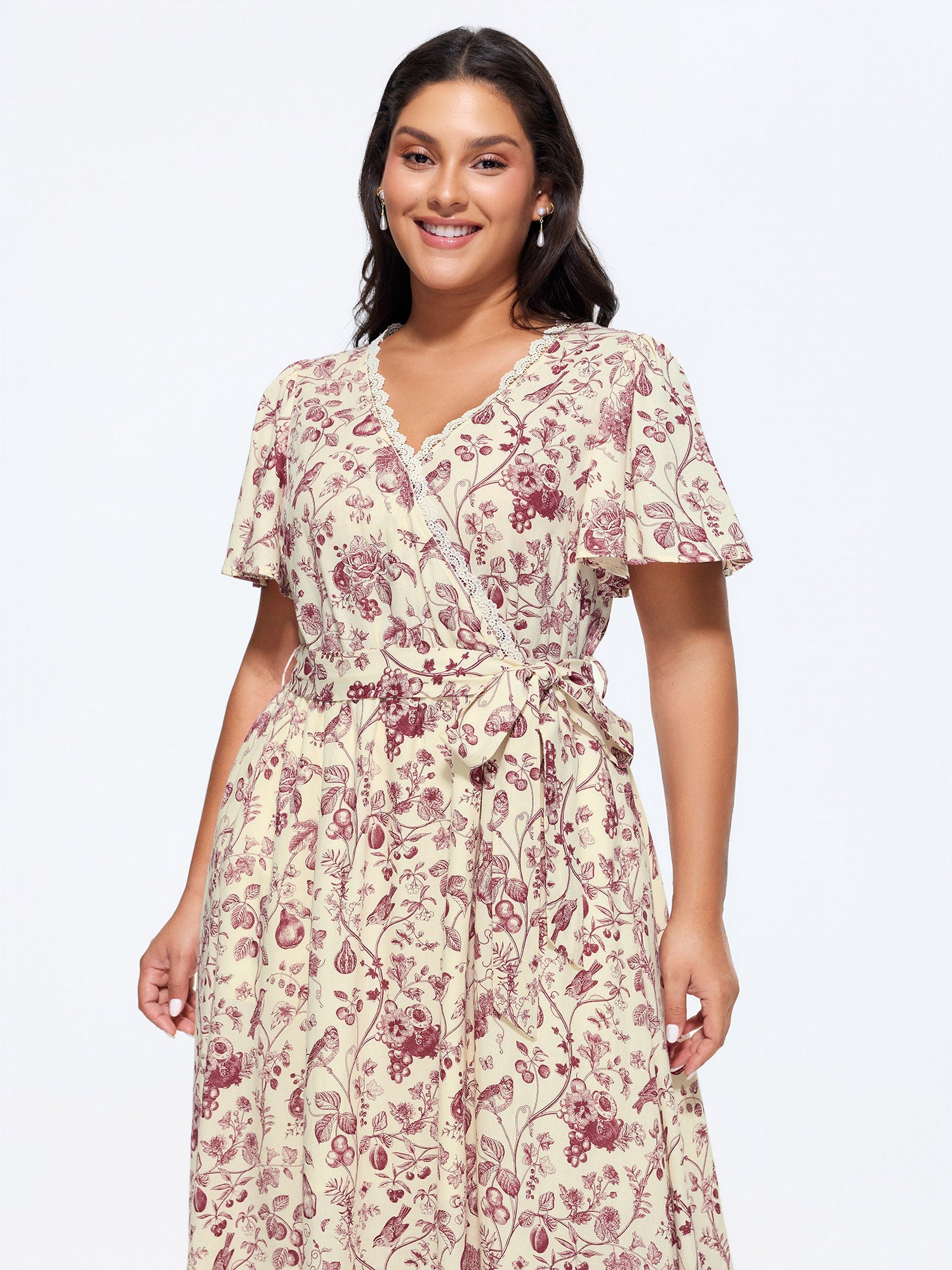 Garden Print Lace Neckline Midi Dress