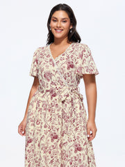 Garden Print Lace Neckline Midi Dress