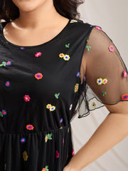Floral Mesh Embroidery Babydoll Blouse